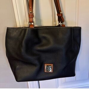 Dooney & Bourke Black Pebbled Leather Tote with Brown Handles